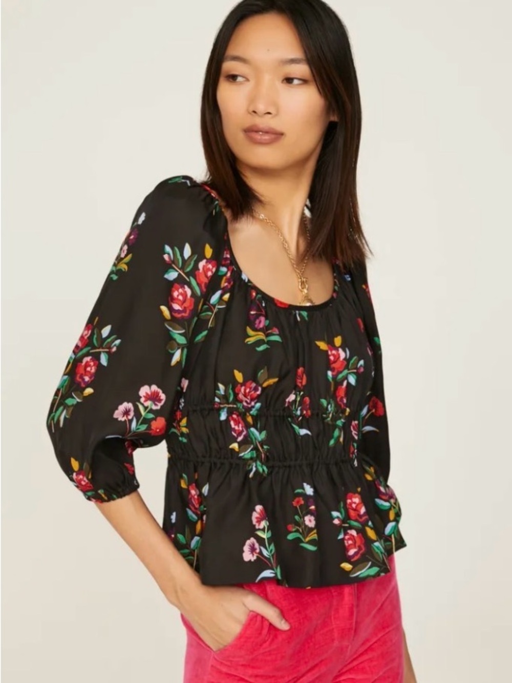 Kate Spade Floral Smocked Waist Blouse Black & Floral sz L